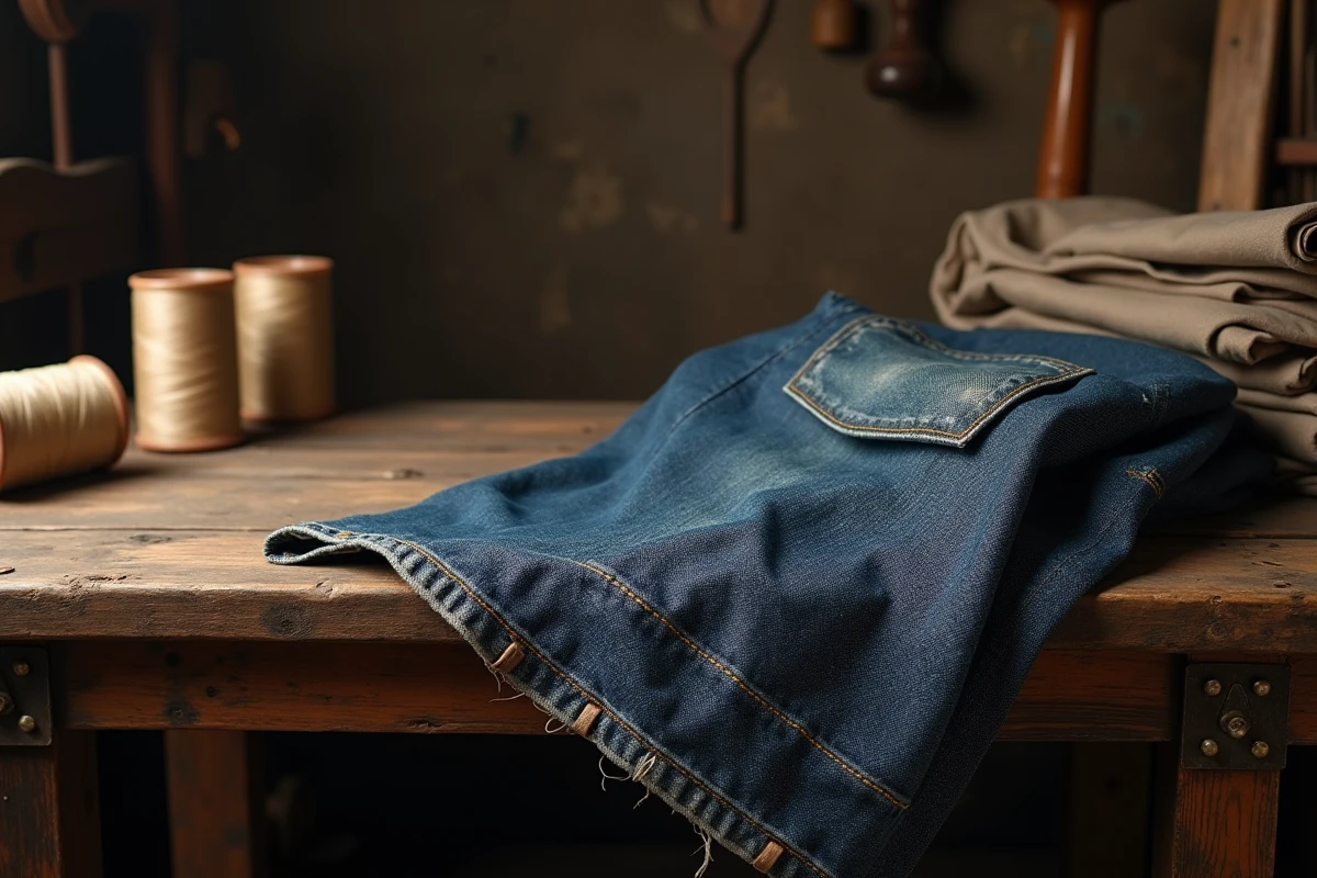 Jean brut en selvedge indigo posé sur un établi de bois dans un atelier textile du XIXe siècle, entouré de toile de voile et de rivets en laiton