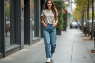 Jeune femme en jeans tendance 2025 en ville