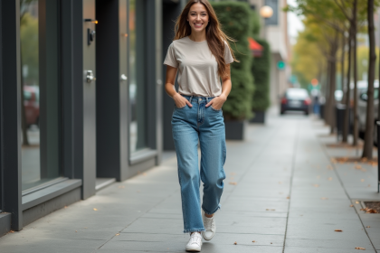 Jeune femme en jeans tendance 2025 en ville