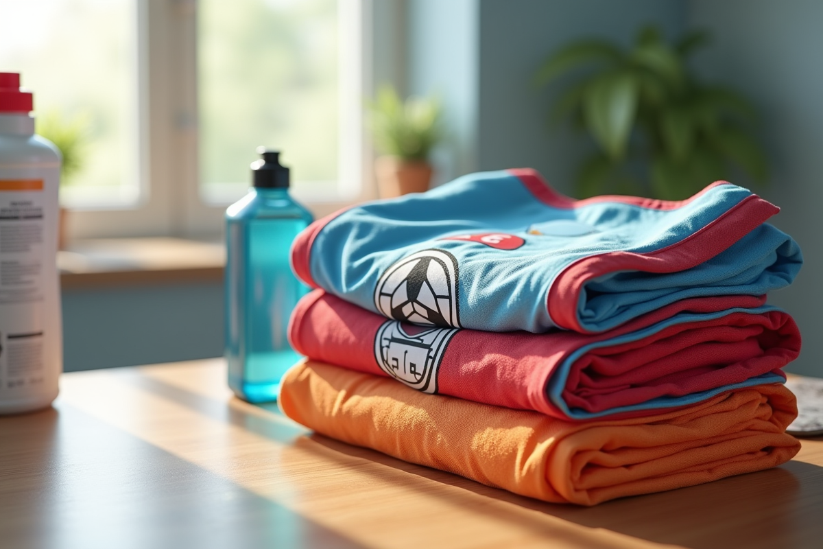 Jerseys de sport pliés avec logos colorés sur une table en bois