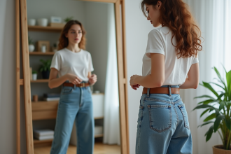Jeune femme ajustant une ceinture large dans sa chambre moderne