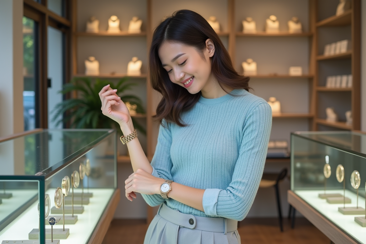 Jeune femme essayant différentes montres dans une boutique moderne
