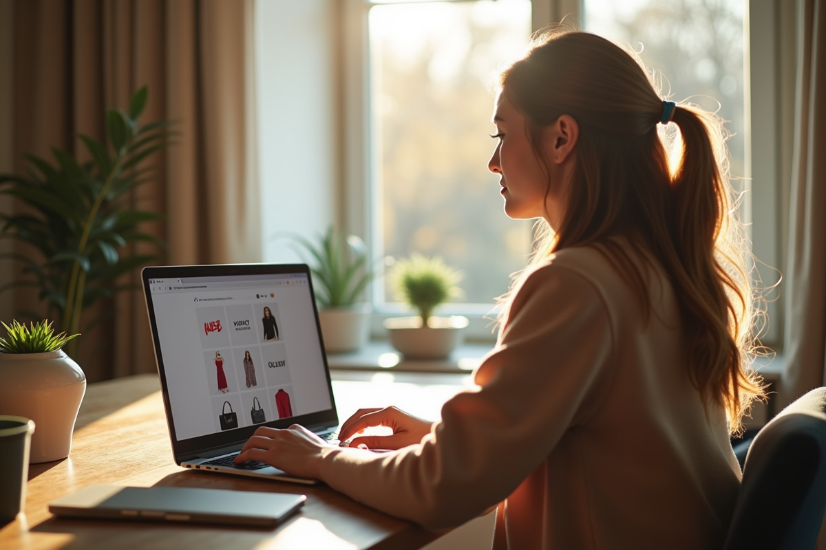 Jeune femme naviguant sur un ordinateur portable dans un bureau moderne