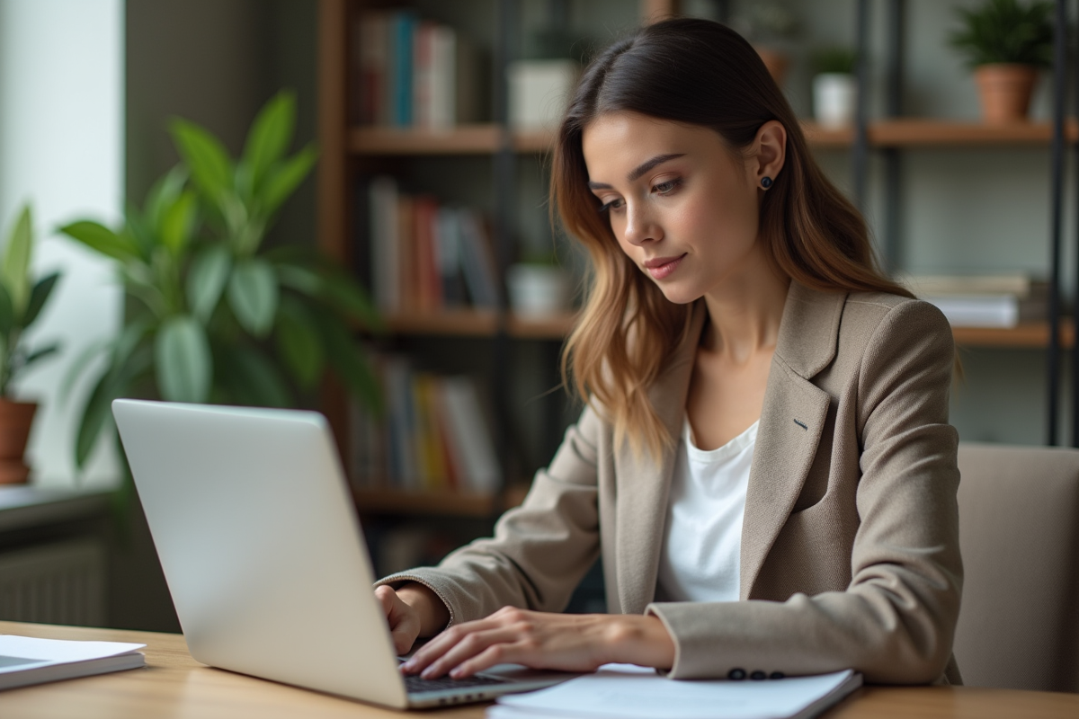 Jeune femme au bureau tapant sur un ordinateur portable