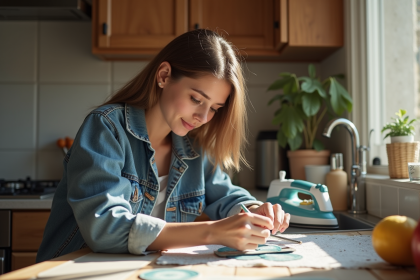 Jeune femme appliquant un patch sur une veste en jean