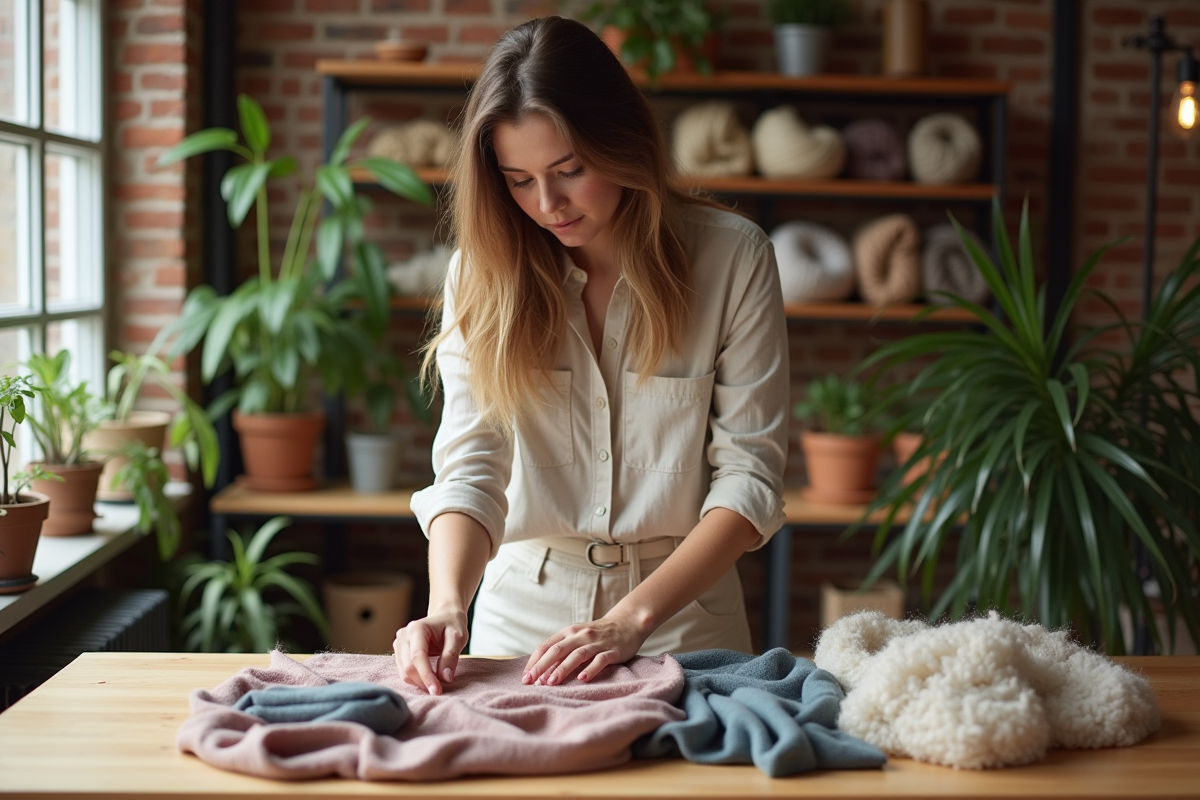 Jeune femme arrangeant des échantillons de tissus dans un atelier