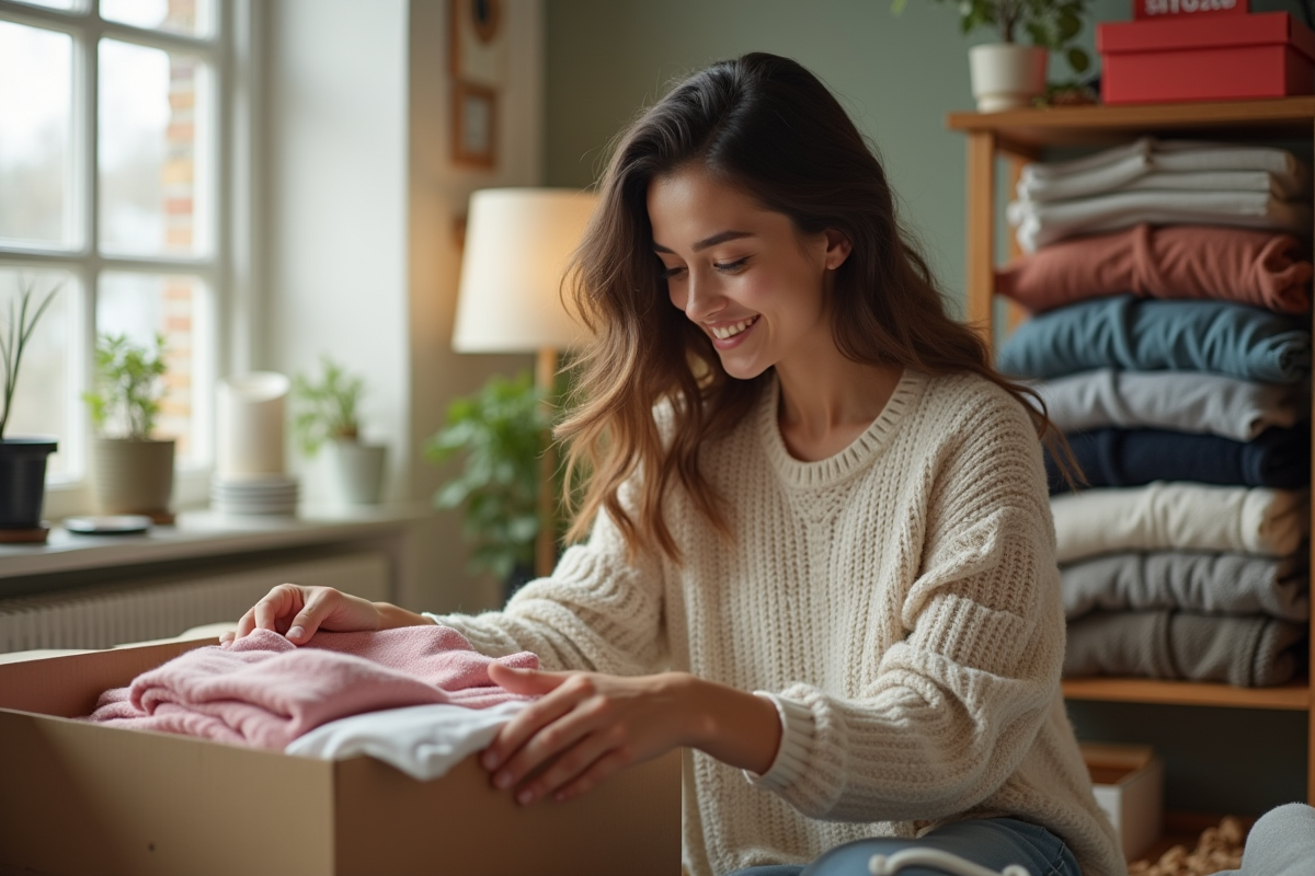 Jeune femme emballant vetements de seconde main dans une maison chaleureuse