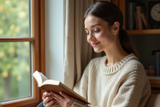Jeune femme lisant un livre près d'une fenêtre lumineuse