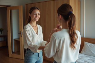 Jeune femme souriante vérifiant sa blouse dans un miroir cosy