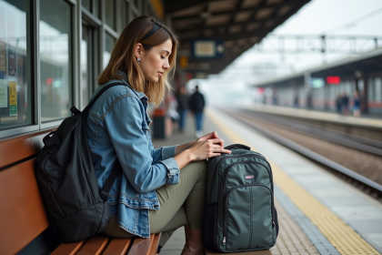 Jeune femme en station comparant deux sacs &agrave; dos