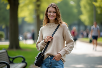 Jeune femme ajustant son sac à main dans un parc urbain