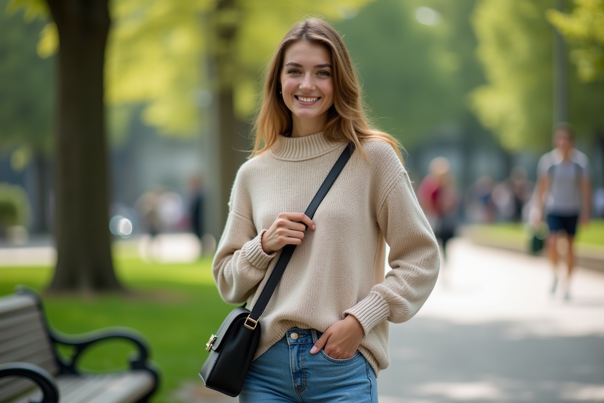 Jeune femme ajustant son sac à main dans un parc urbain