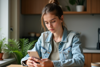 Jeune femme belge utilisant une application de shopping mode à la maison