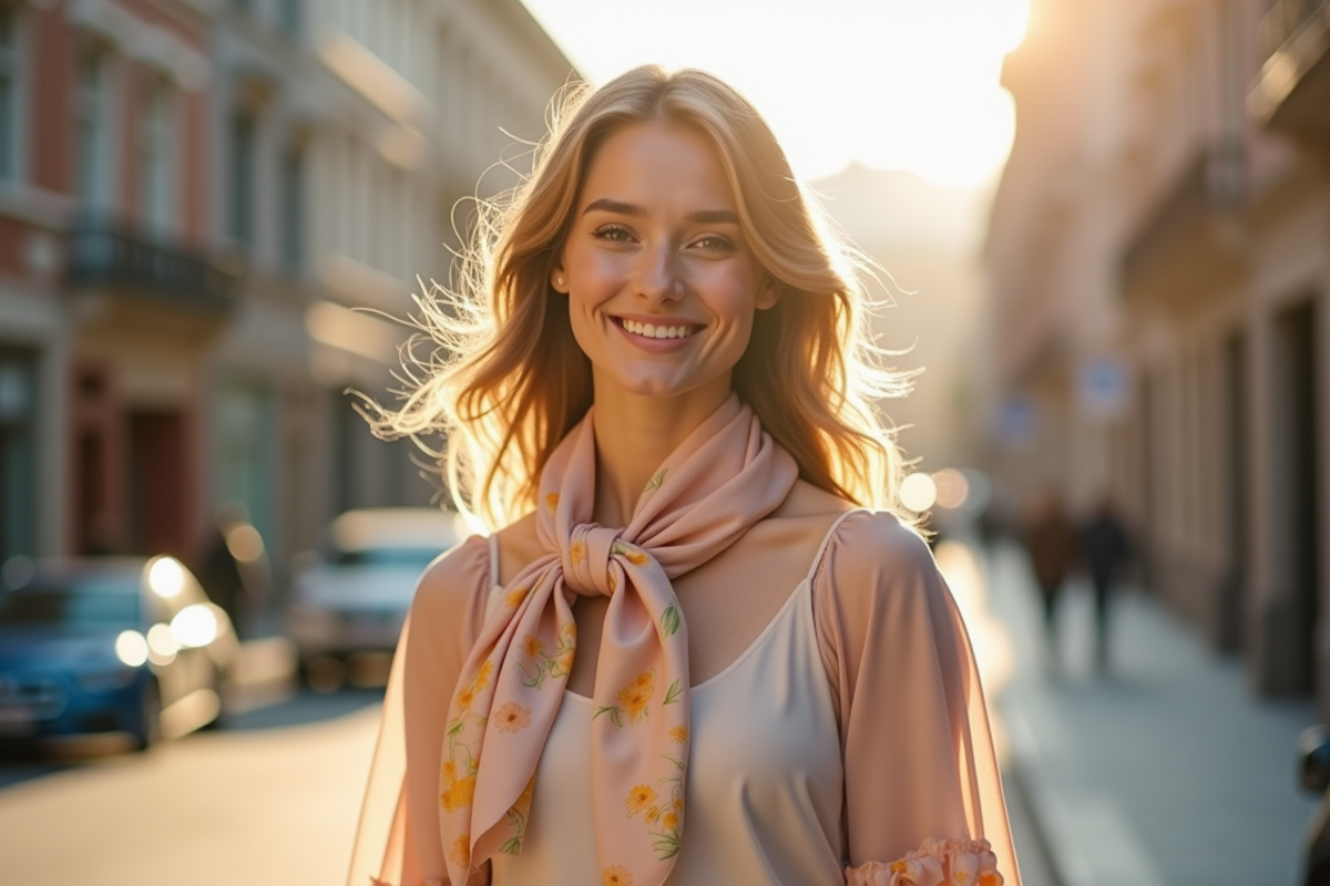 Jeune femme souriante avec foulard pastel dans la rue