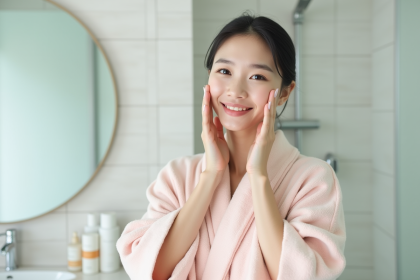Jeune femme coréenne en peignoir pastel appliquant soin visage