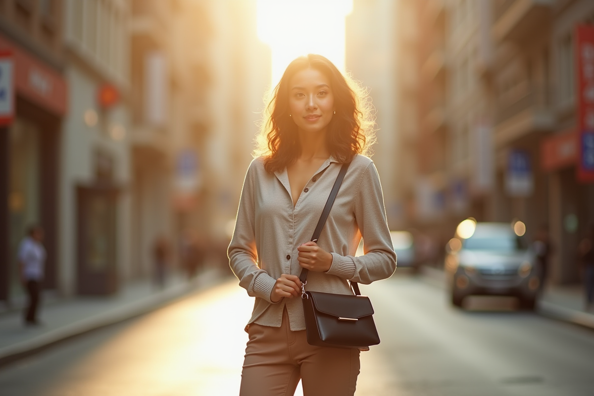 Jeune femme urbaine ajuste son sac à l'épaule en ville