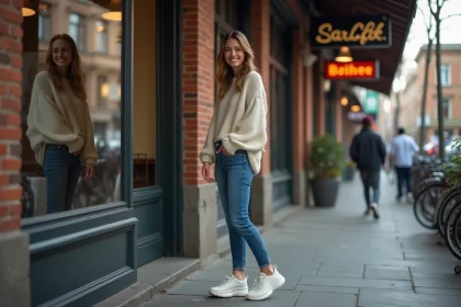 Jeune femme en ville vérifiant ses chaussures originales