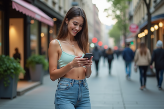 Jeune femme en crop top pastel et jeans en ville