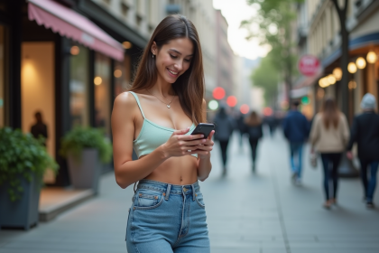 Jeune femme en crop top pastel et jeans en ville