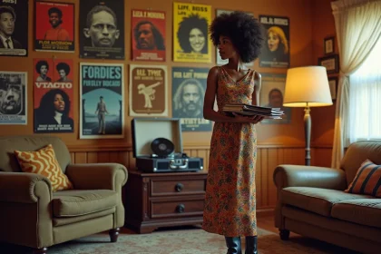 Jeune femme afro portant robe maxi vintage dans un salon r&eacute;tro