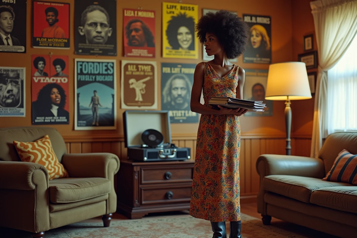 Jeune femme afro portant robe maxi vintage dans un salon rétro