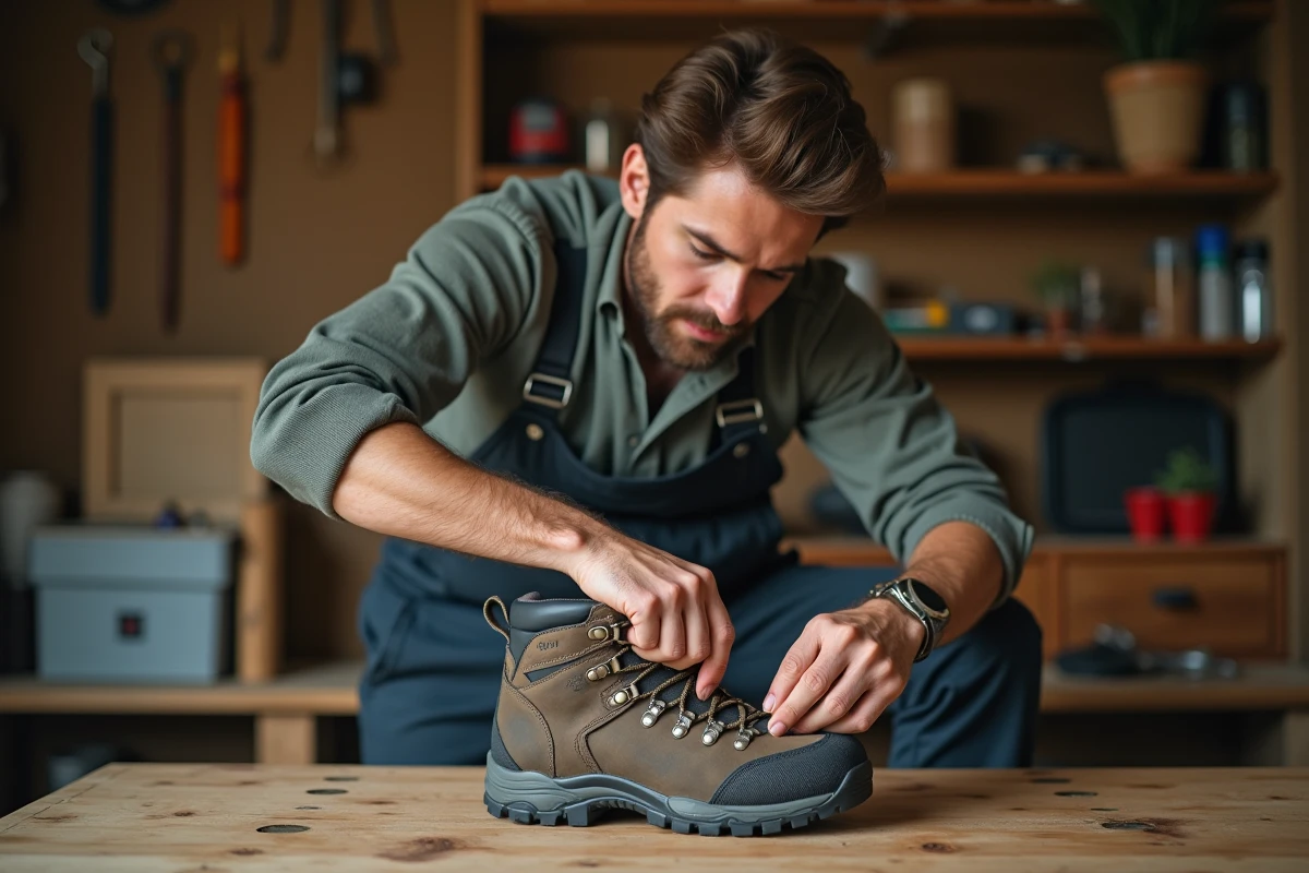 Jeune homme insérant un embauchoir dans une botte de randonnée