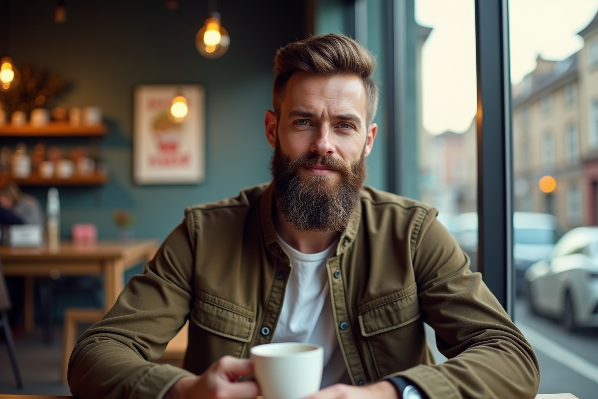 Jeune homme barbu en casual dans un café moderne