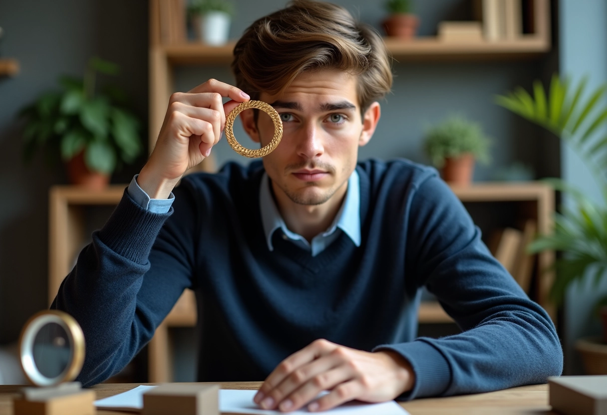 Jeune homme tient un bracelet en or avec scepticisme