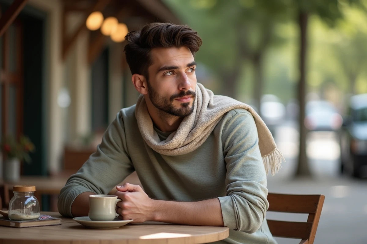 Jeune homme au caf&eacute; avec foulard et livre en plein air