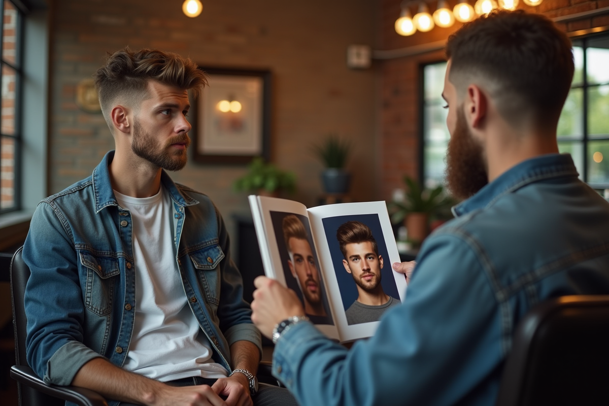 Jeune homme en discussion avec son barbier dans un barbershop vintage