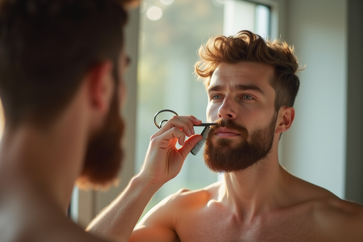 Jeune homme se groomant la barbe devant miroir lumineux