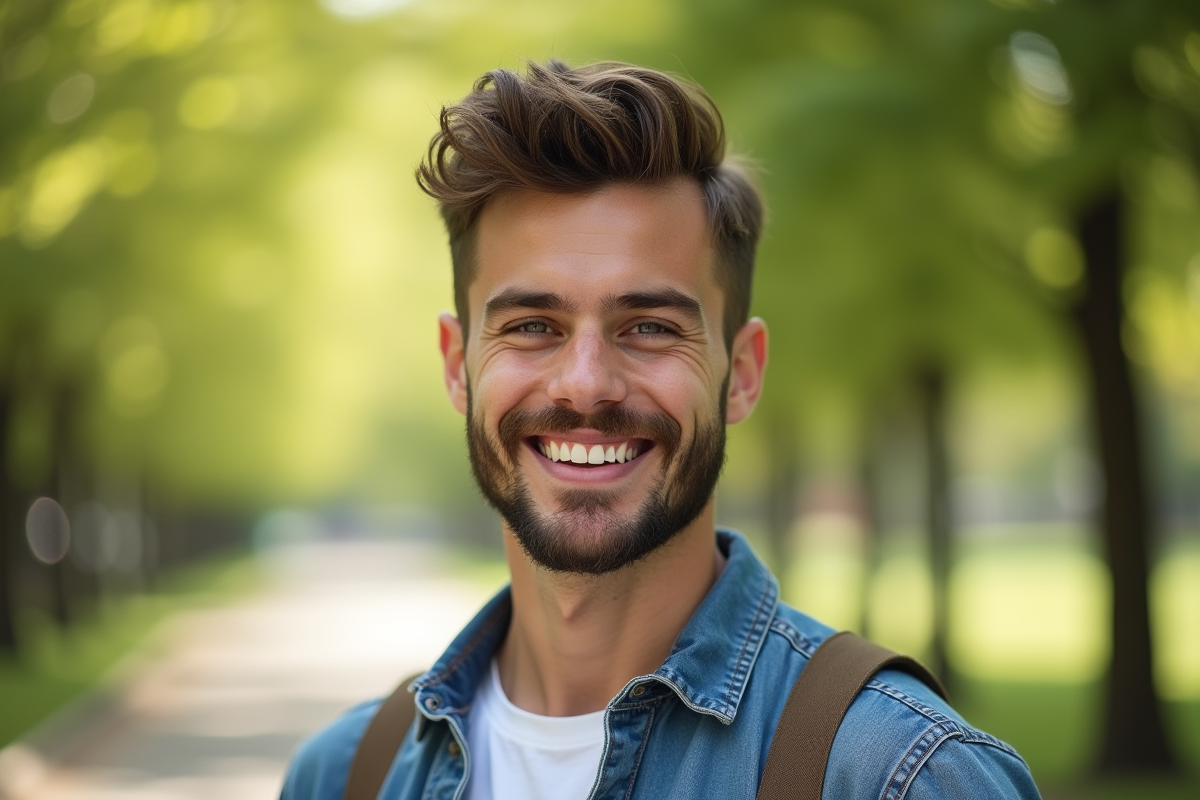 Jeune homme souriant avec barbe légère dans un parc ensoleille