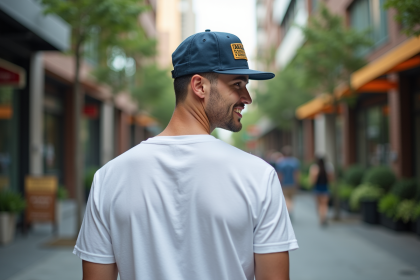 Jeune homme en t-shirt blanc et snapback dans la ville