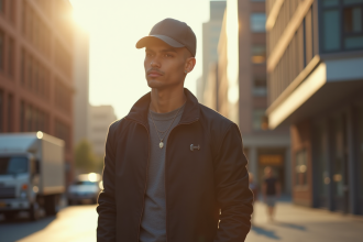 Jeune homme élégant dans la rue ensoleillée avec casquette
