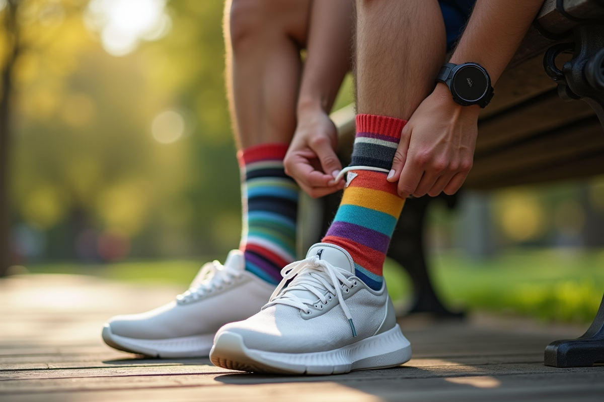 Personne attachant des chaussettes colorées avec baskets blanches