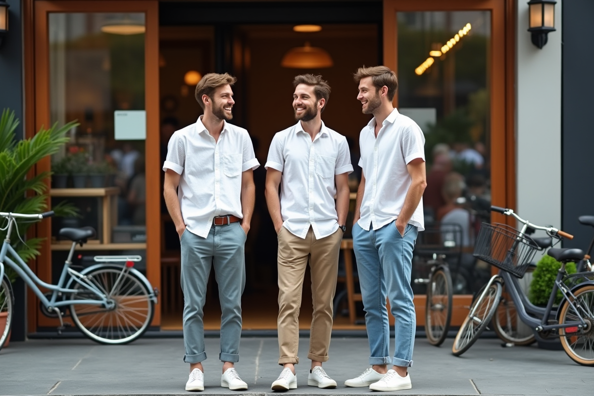 Groupe de jeunes hommes souriants devant un café tendance