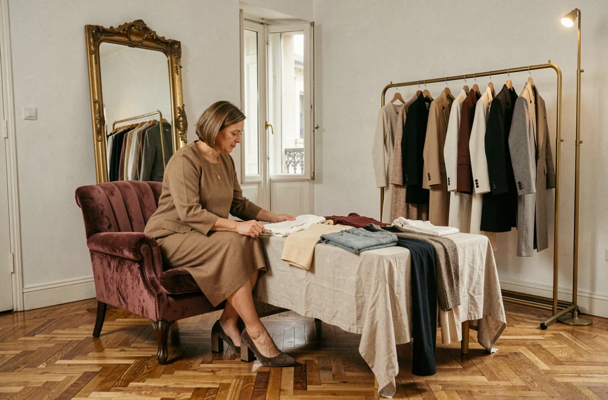 Showroom privé sans vitrine de June & River à Toulouse avec une cliente découvrant une sélection de prêt-à-porter féminin