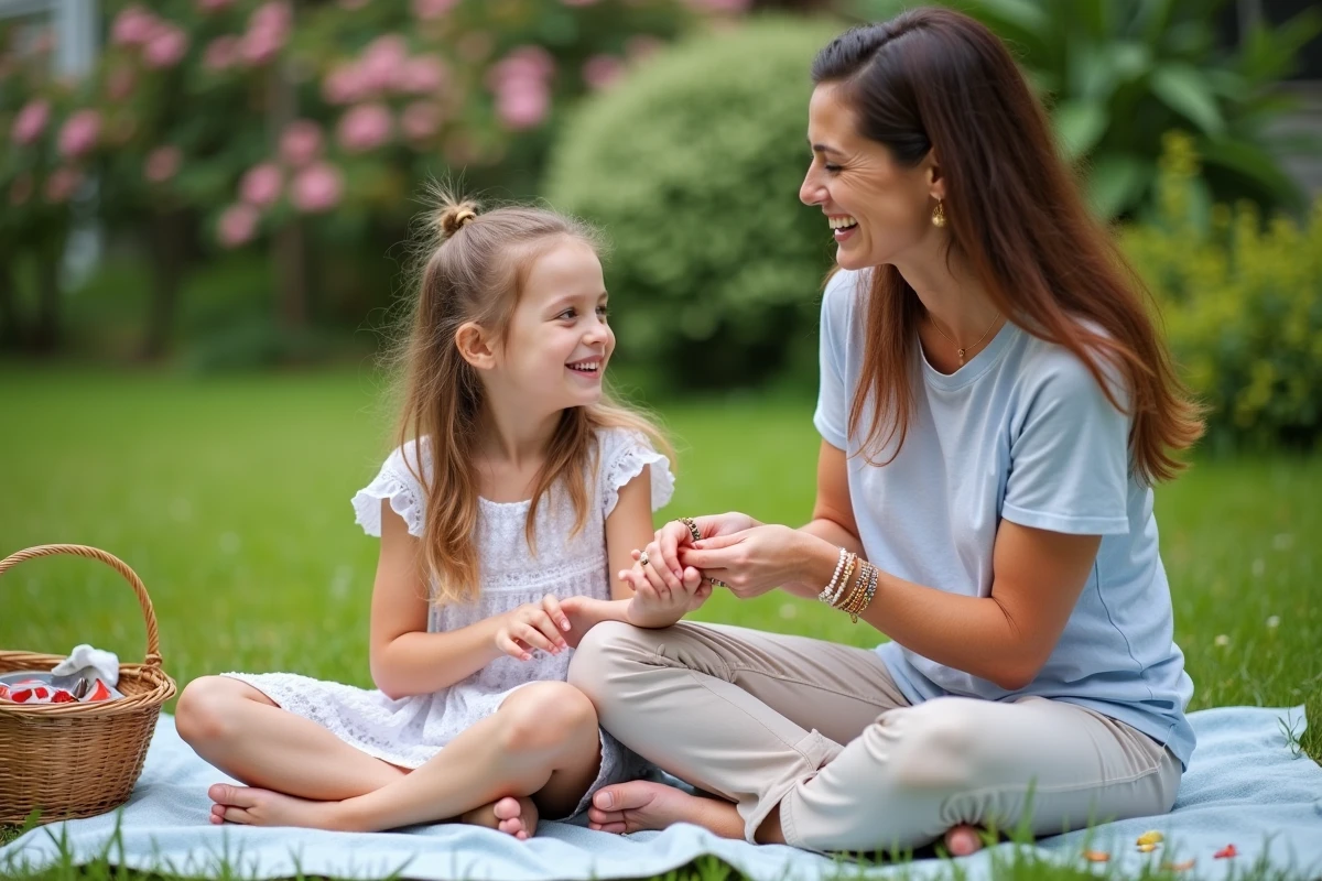 Duo mère et fille comparant leurs bracelets assortis faits main dans un jardin ensoleillé