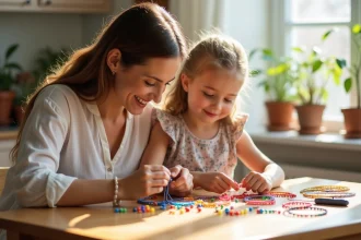 Mère et fille en train de fabriquer ensemble des bracelets colorés à la maison, kit bracelet duo complice