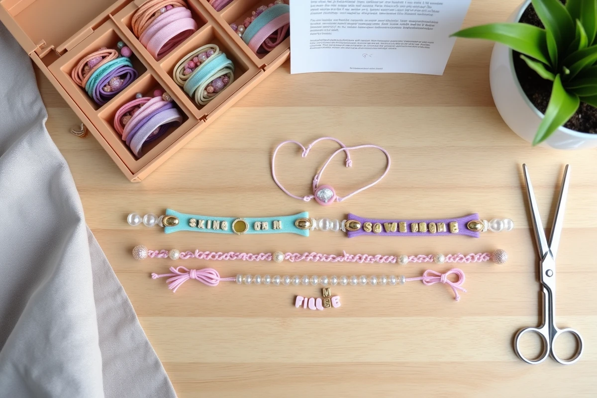 Vue à plat d'un kit bracelet mère-fille avec perles colorées, fils élastiques et bracelets assortis terminés