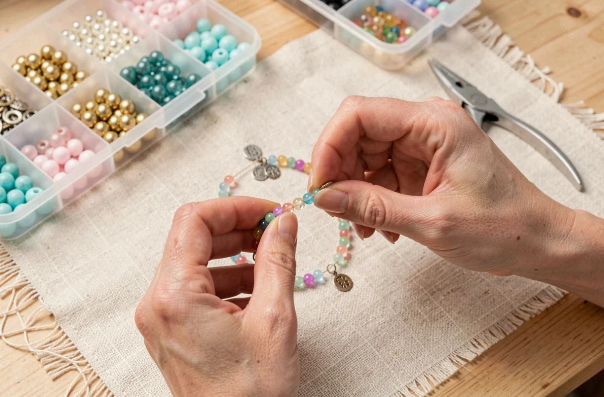 Mains de femme enfilant des perles colorées et des breloques dorées sur un élastique pour créer un bracelet personnalisé sur un établi en bois clair