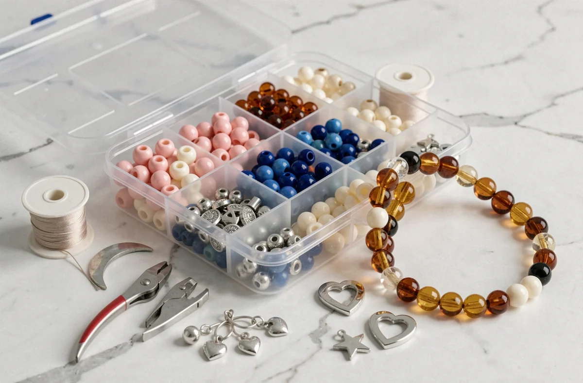 Kit complet de fabrication de bracelets avec perles en verre colorées, breloques argentées, fil élastique et outils sur marbre blanc