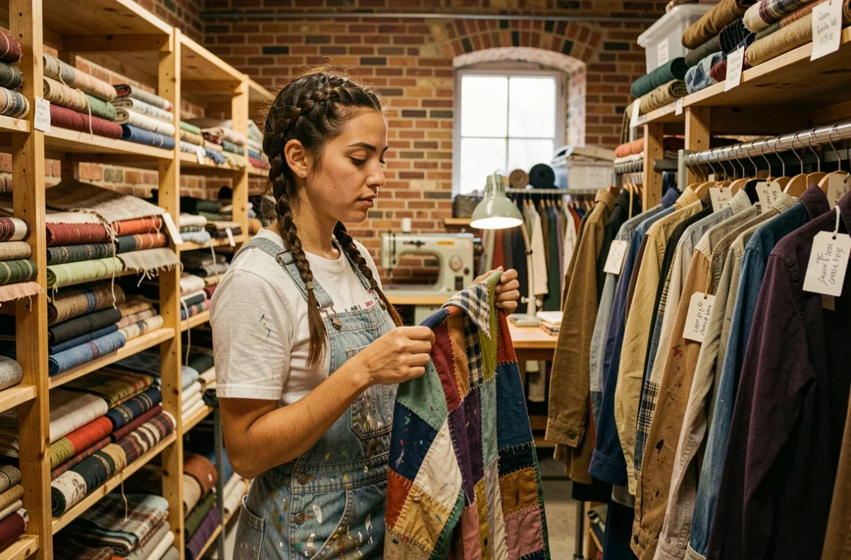 Une jeune femme inspectant un vêtement upcyclé dans la ressourcerie textile La Textilerie à Roubaix, avec des tissus récupérés et un atelier de couture en arrière-plan