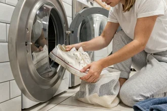 Femme plaçant des converses blanches dans un lave-linge moderne avec un filet de lavage
