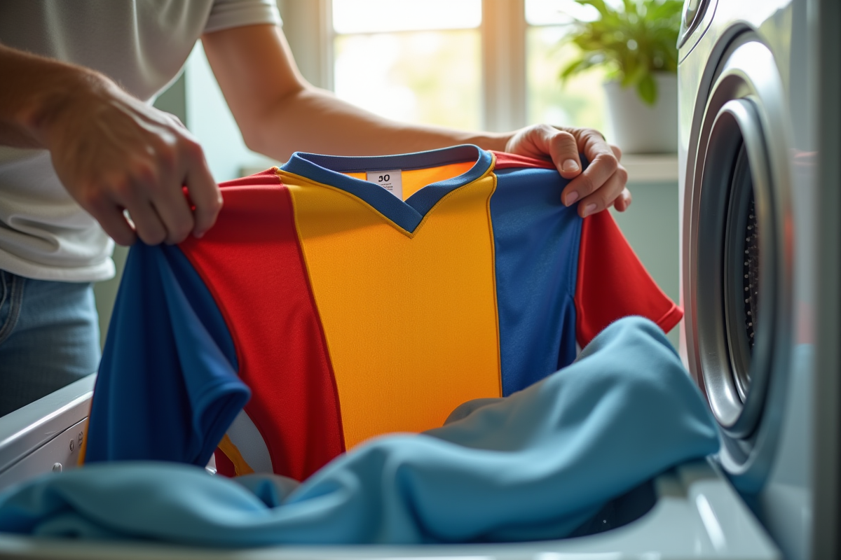 Mains retournant un maillot de sport coloré avant lavage