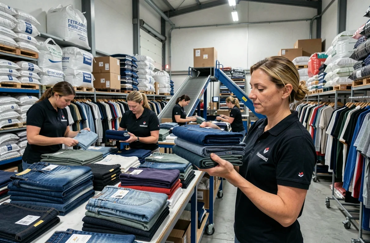 Travailleuse du Relais dans le Nord triant des vêtements collectés sur une table industrielle dans un espace de collecte et vente solidaire