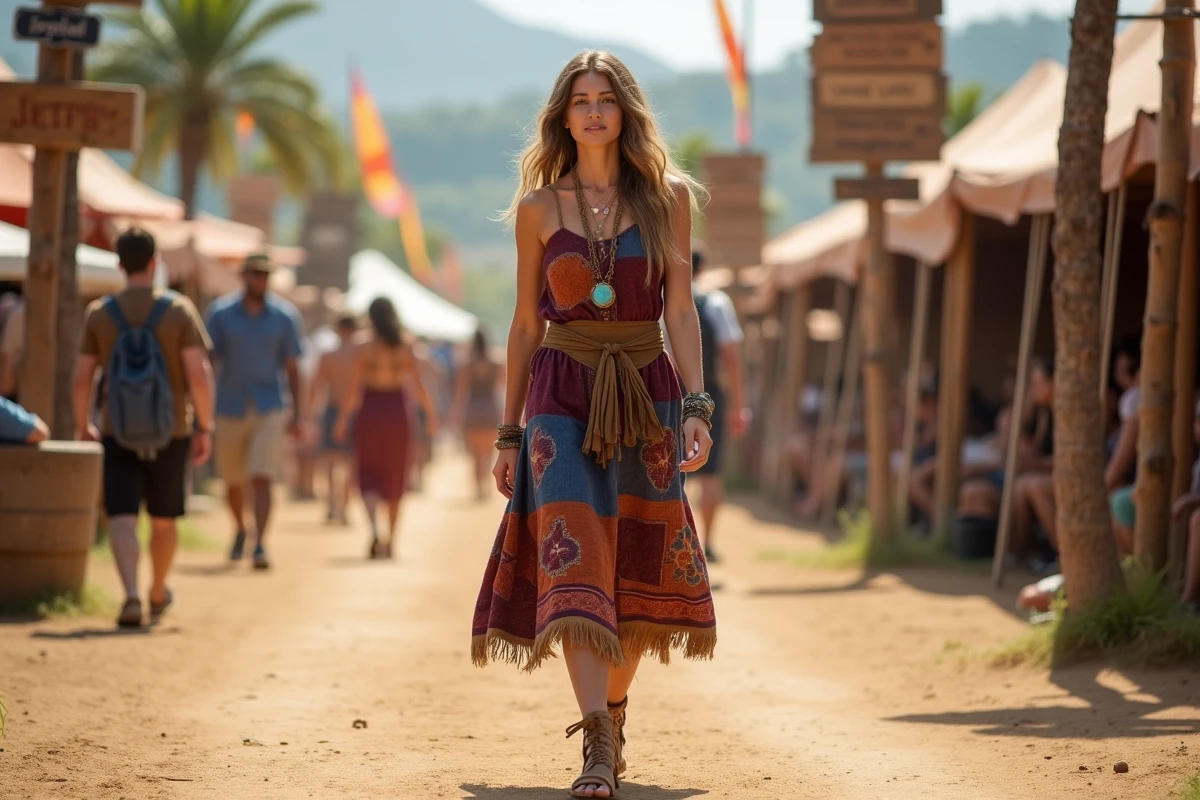 Femme en robe hippie patchwork avec ceinture à franges, bagues turquoise et sandales suédées marchant dans une allée de festival