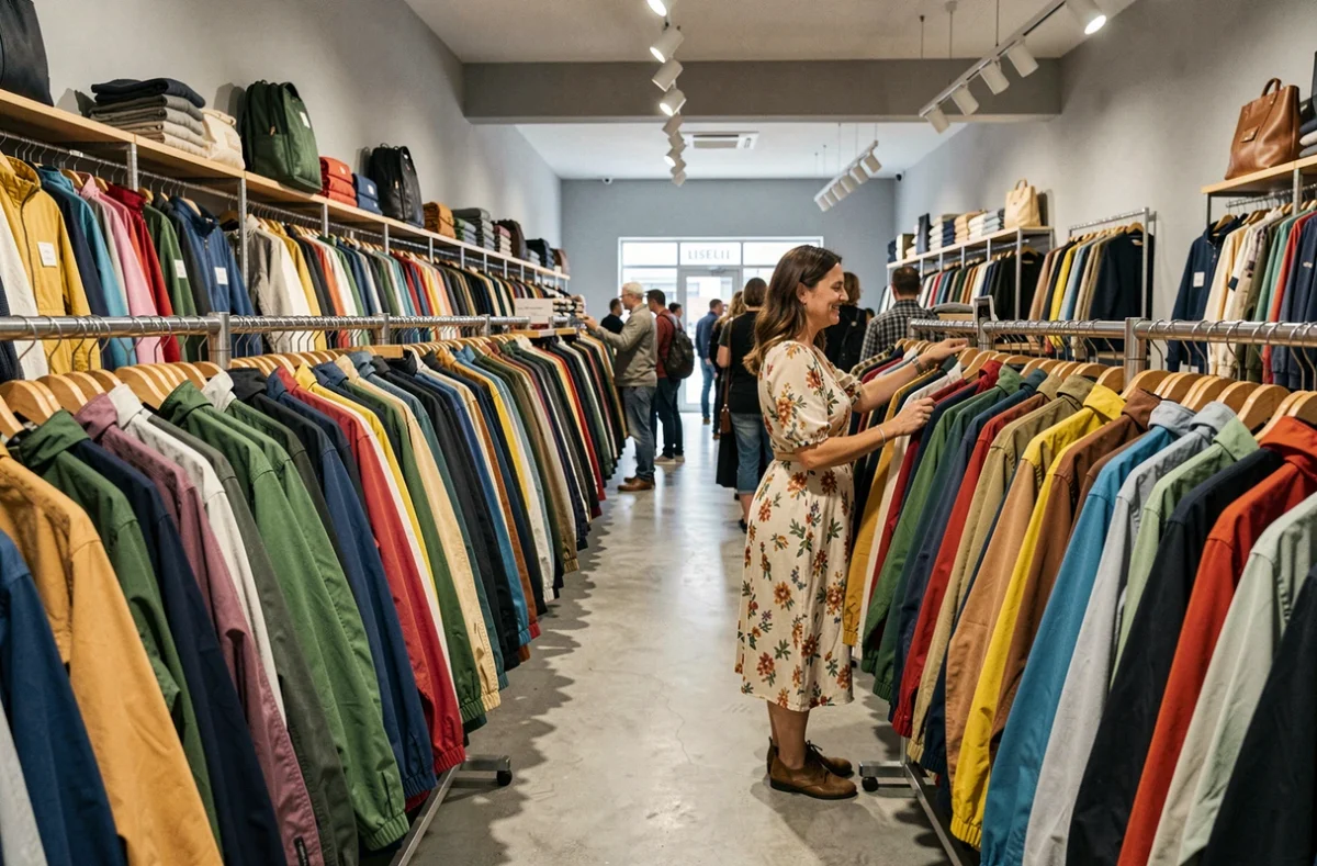 Intérieur du magasin Mad Vintage à Lille, avec des rangées de vêtements vintage classés par couleur et une cliente en robe fleurie rétro