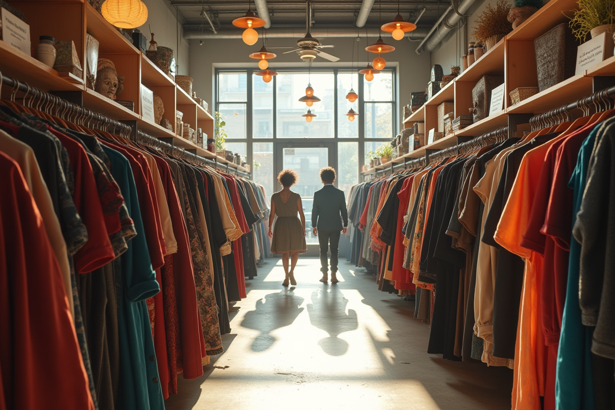 Magasin de friperie coloré avec clients faisant du shopping