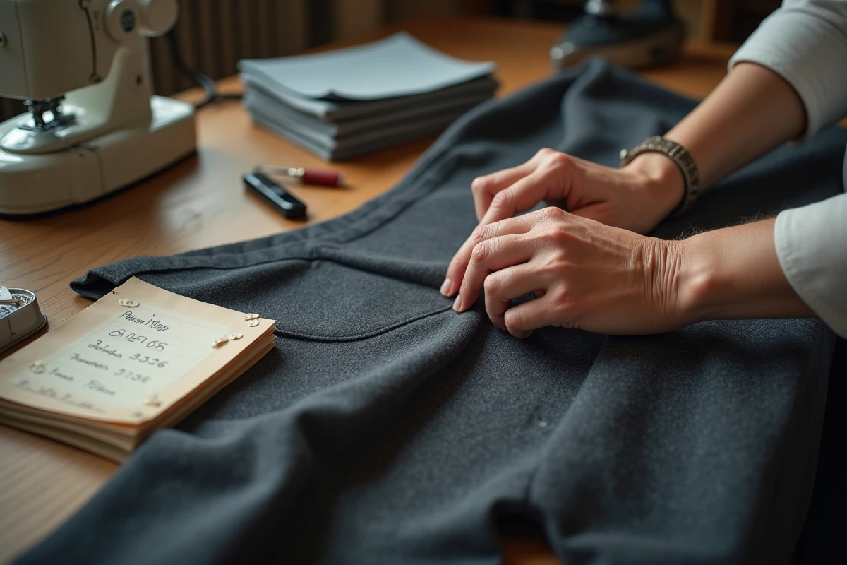 Mains d'une couturière épinglant l'ourlet d'un pantalon en laine avec une note de prix manuscrite sur l'établi